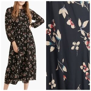 Madewell Posy Ruffle Neck Bishop Sleeves A-line Midi Dress in Floral Black XS